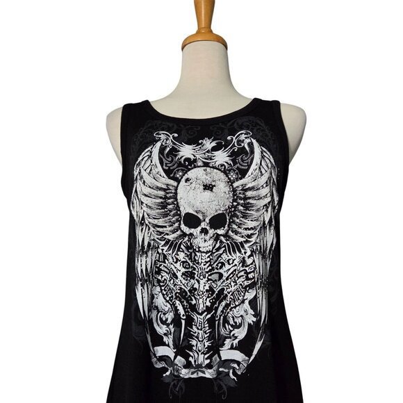 Y2K Grunge Black Winged Skull Ribbed Maxi Dress Women's Size L - Picture 2 of 7